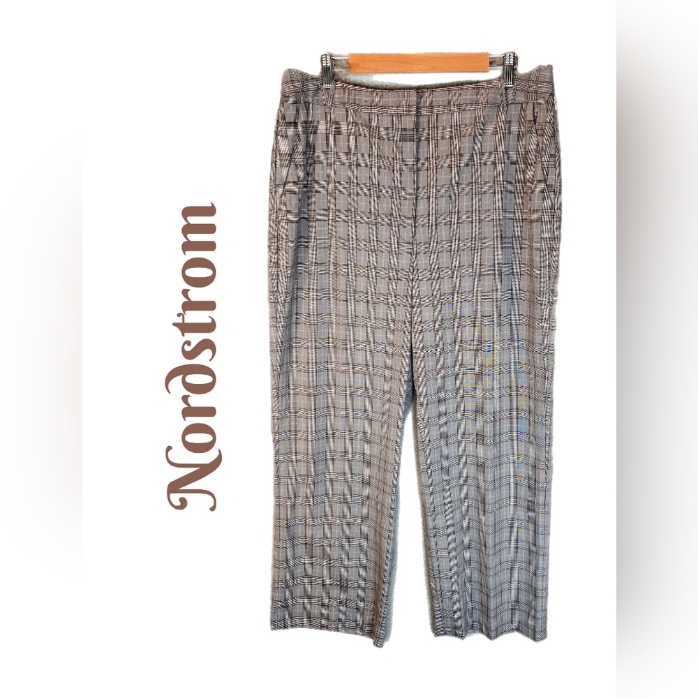 Nordstrom Womens Career Pants Sz 16 Gray & Brown Plaid Straight Wide Leg Pockets